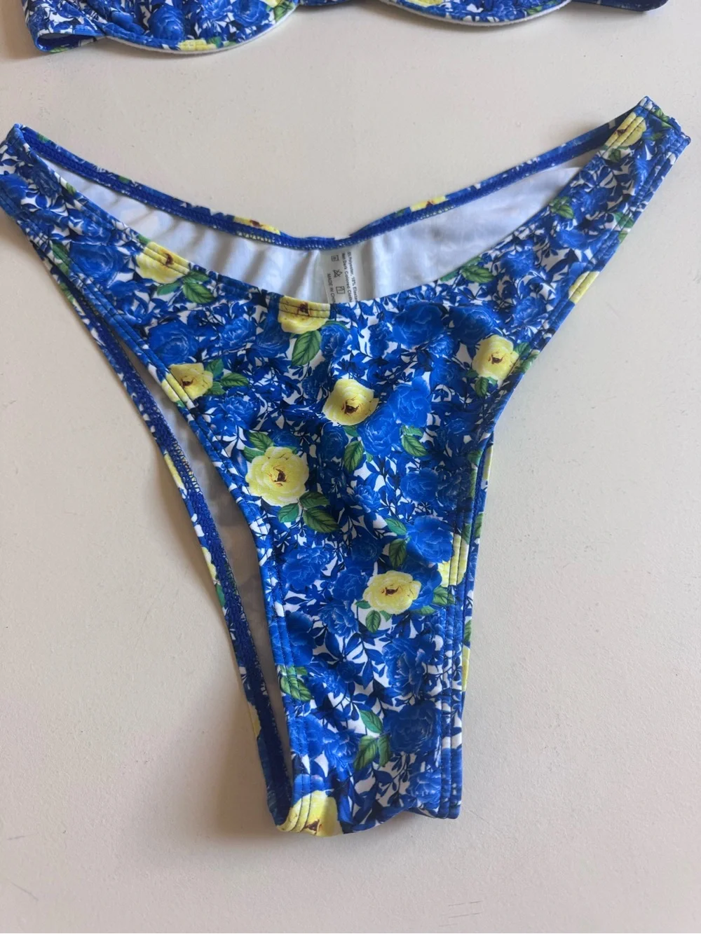 Blue Floral Two-Piece Bikini with Yellow Accents